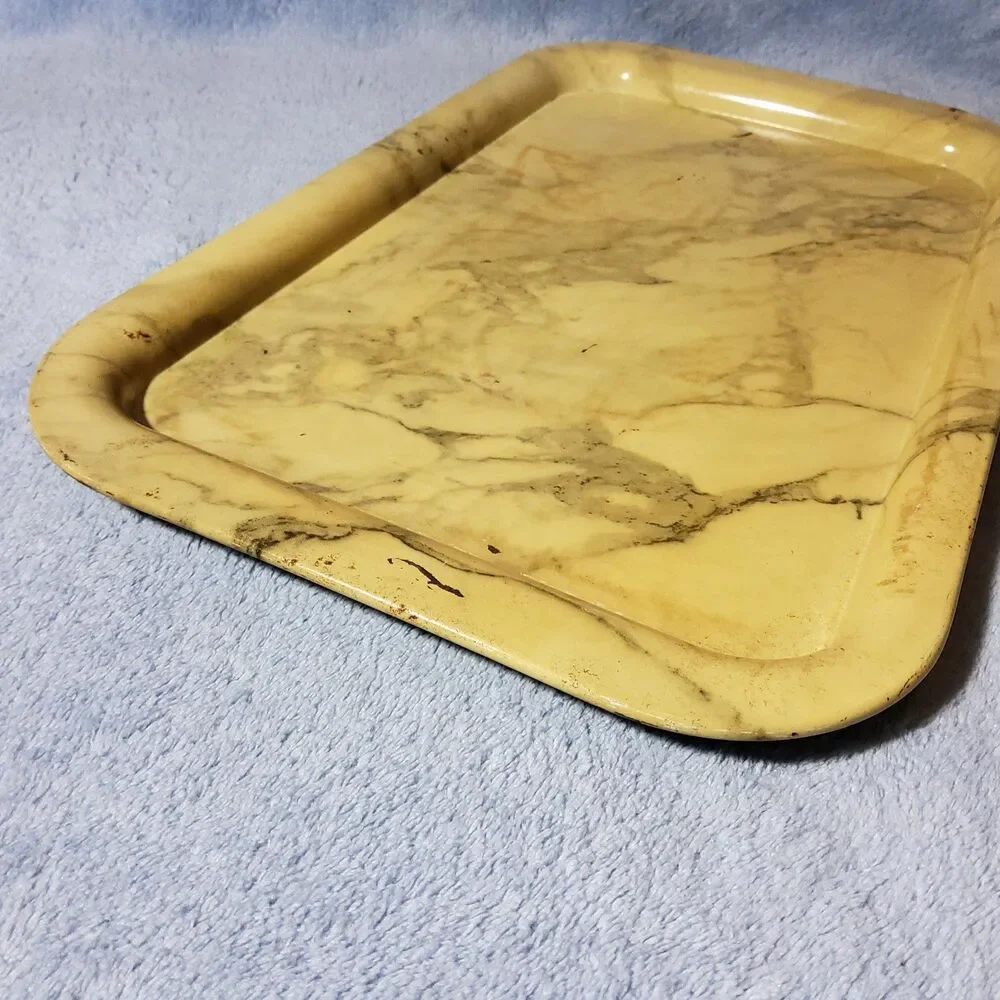Vintage Serving Trays Cafeteria Lunch Metal Lap TV Marbled Gray Gold 14.5
